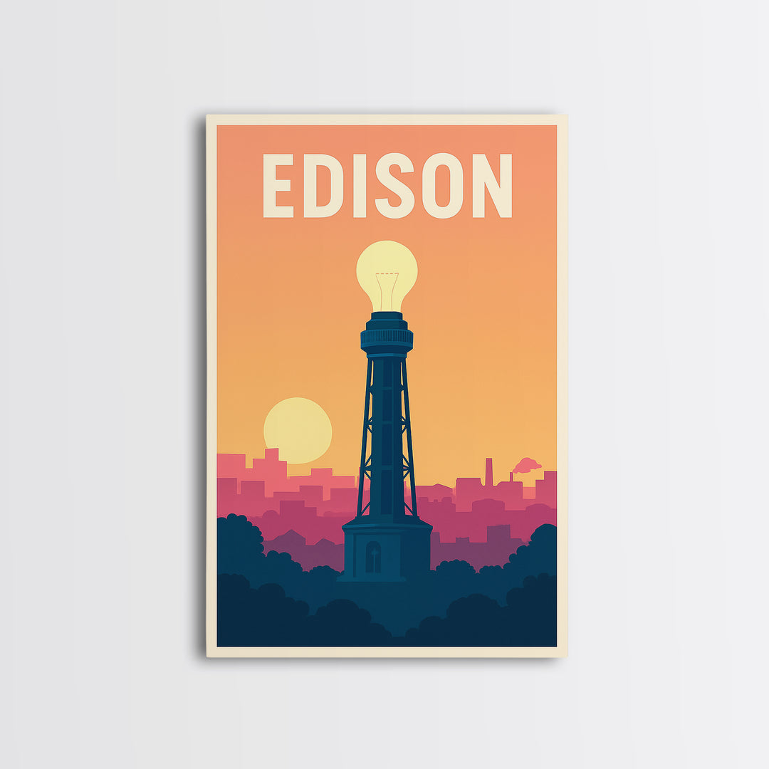 Edison Travel Poster, Framed Canvas Print, Mid Century City Wall Art, Edison Travel Art, Mid Century Wall Art, Watercolor Skyline