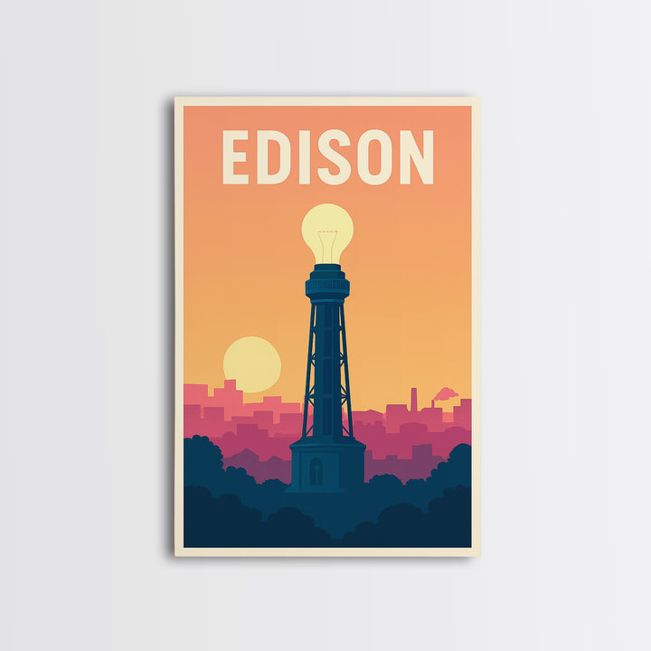 Edison Travel Poster, Framed Canvas Print, Mid Century City Wall Art, Edison Travel Art, Mid Century Wall Art, Watercolor Skyline
