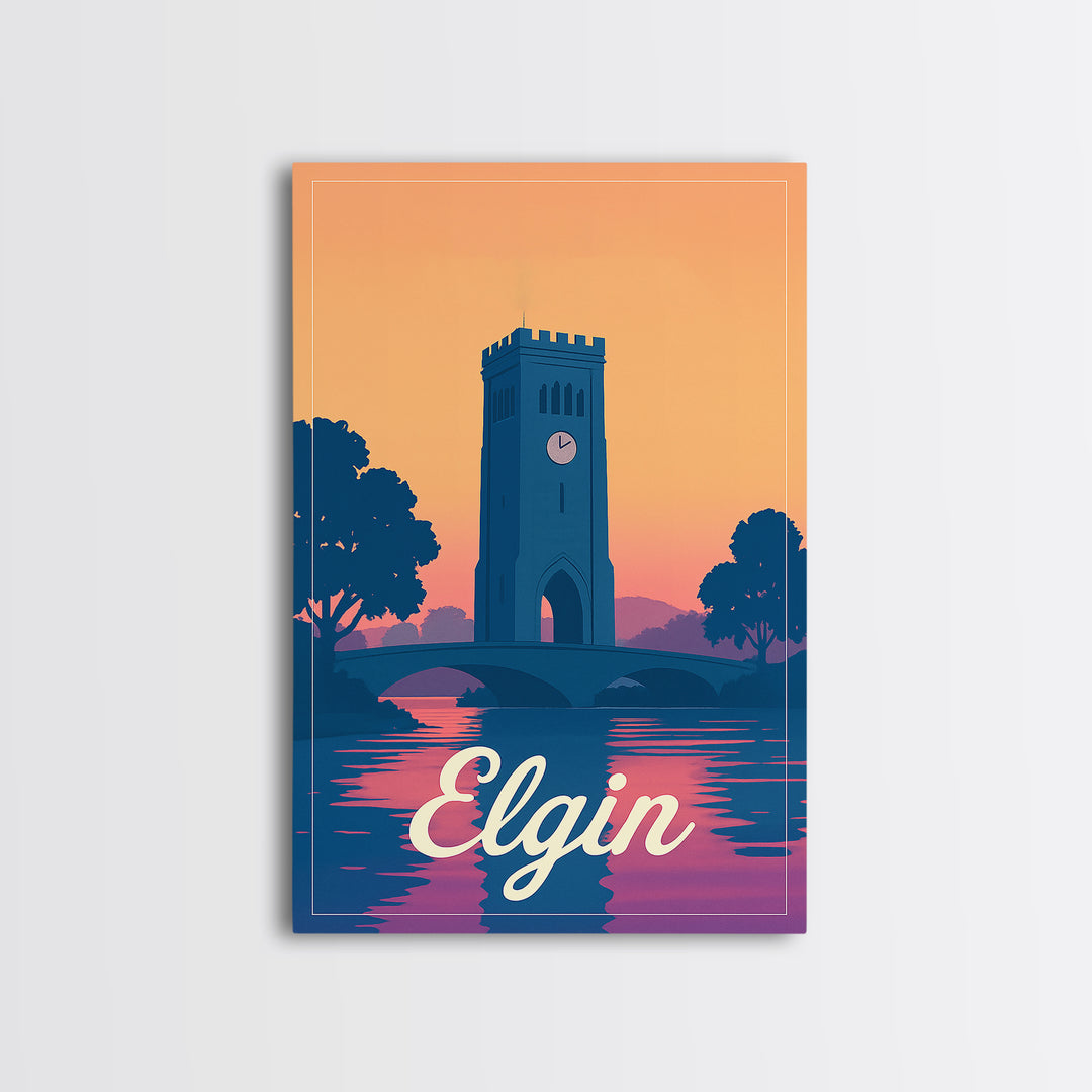 Elgin Illinois Travel Poster, Canvas Print, Retro Sunset Skyline Art, Elgin Poster Print, Fine Art Print, Retro Travel Print, Travel Posters