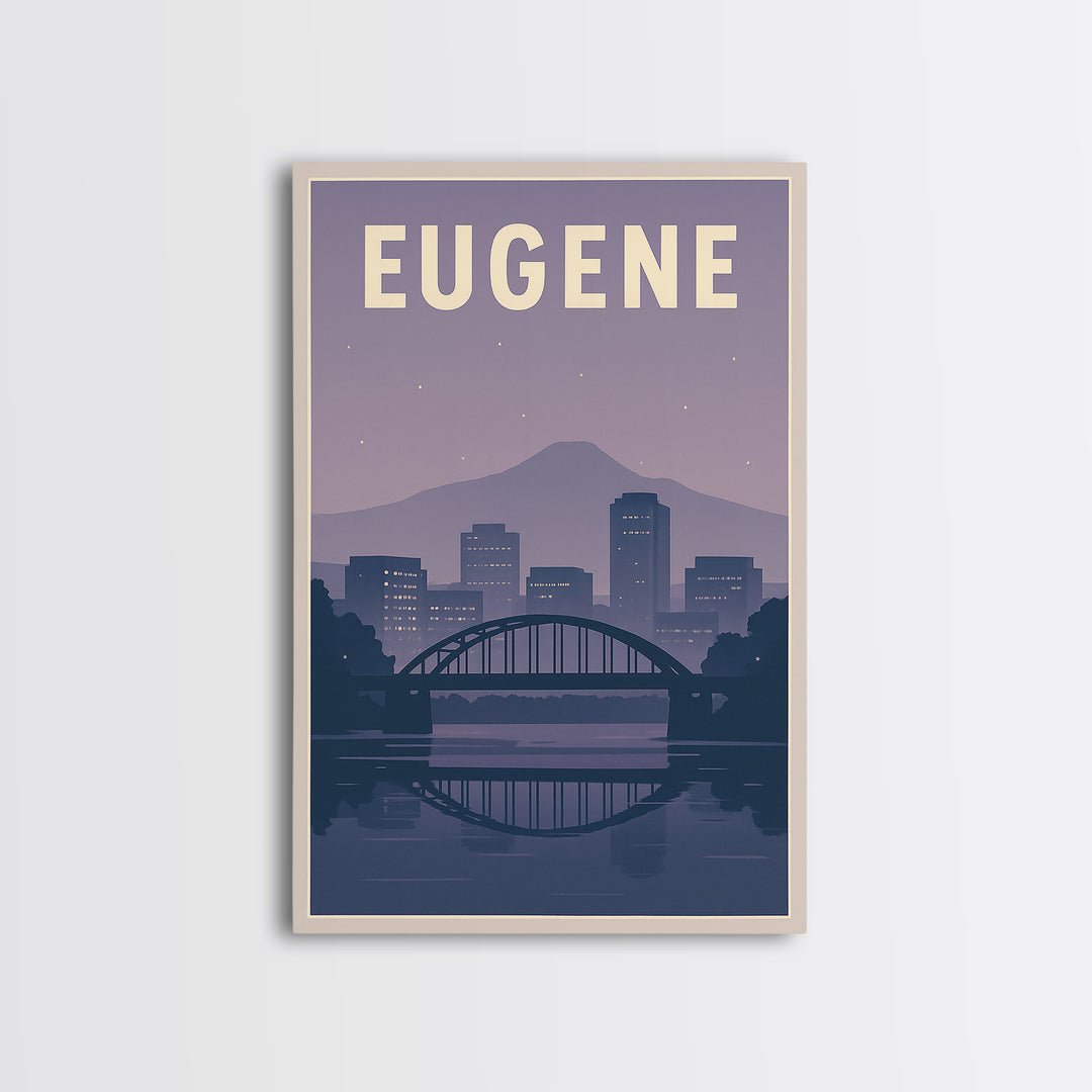 Eugene Oregon Travel Poster, Canvas Print, Retro Sunset Skyline Art, Eugene Travel Art, City Illustration, Living Room Wall Art, City Poster