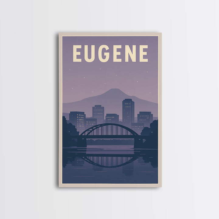 Eugene Oregon Travel Poster, Canvas Print, Retro Sunset Skyline Art, Eugene Travel Art, City Illustration, Living Room Wall Art, City Poster