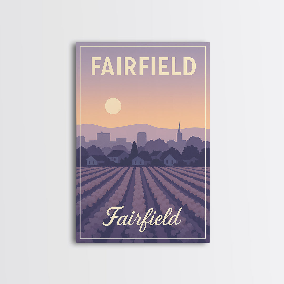 Fairfield Travel Poster, Canvas Print, Retro Sunset Skyline Art, Fairfield Poster Print, Travel Wall Decor, Home Office Decor, Design 2