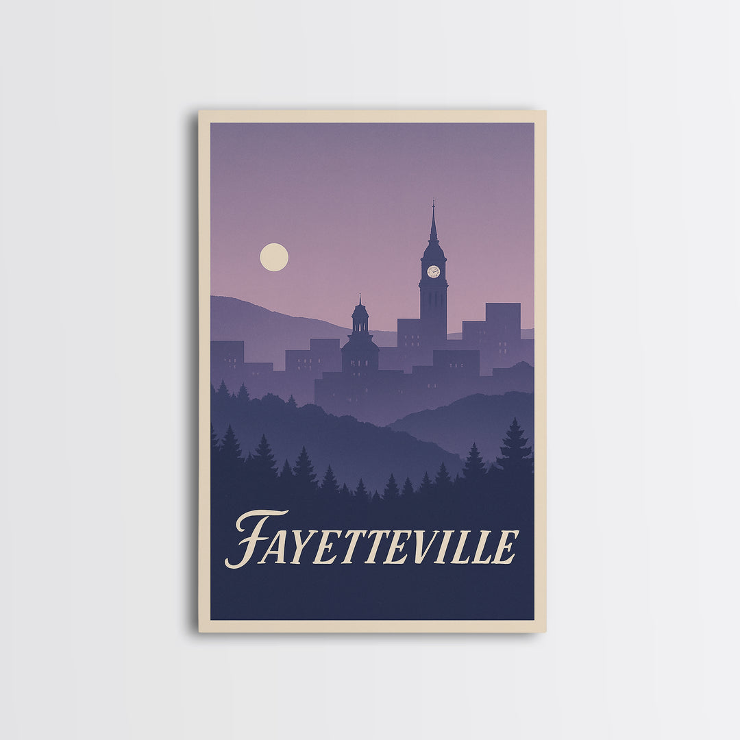 Fayetteville Travel Poster, Framed Canvas Print, Mid Century City Wall Art, Fayetteville Poster Print, Wanderlust Decor, Retro Travel Print