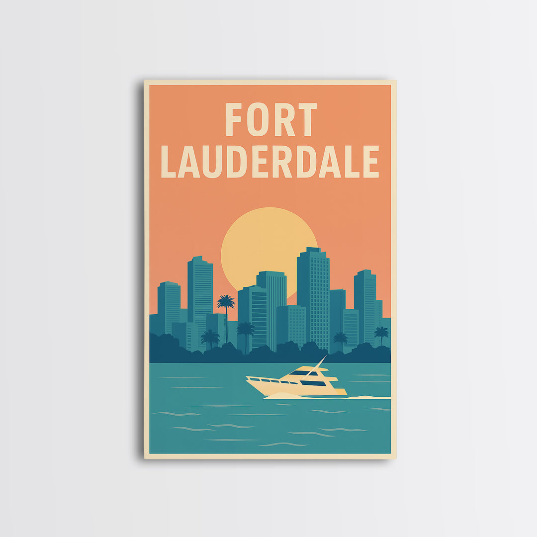 Fort Lauderdale Travel Poster, Framed Canvas Print, Retro Sunset Skyline Art, Fort Lauderdale Wall Art, Vintage Travel Print, Design 2