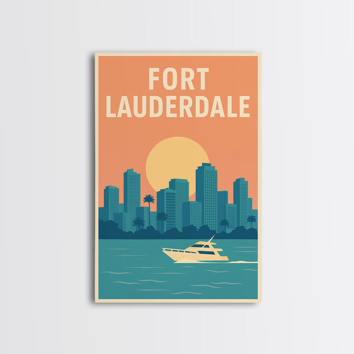 Fort Lauderdale Travel Poster, Framed Canvas Print, Retro Sunset Skyline Art, Fort Lauderdale Wall Art, Vintage Travel Print, Design 2