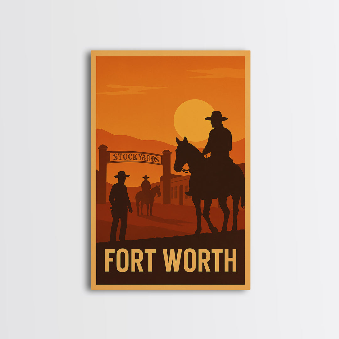 Fort Worth Travel Poster, Framed Canvas Print, Retro Sunset Skyline Art, Fort Worth Poster Print, Living Room Wall Art, Modern Wall Decor
