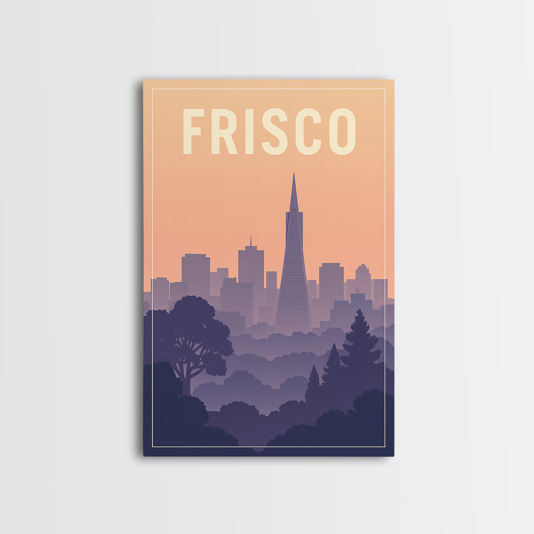 Frisco Texas Travel Poster, Canvas Print, Mid Century City Wall Art, Frisco Wall Art, Wanderlust Decor, Watercolor Downtown Skyline