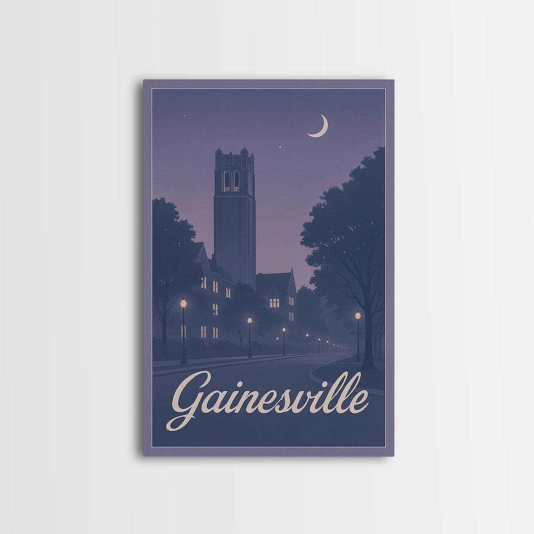 Gainesville Travel Poster, Canvas Print, Retro Sunset Skyline Art, Gainesville Poster Print, Watercolor Cityscape, Modern Wall Decor
