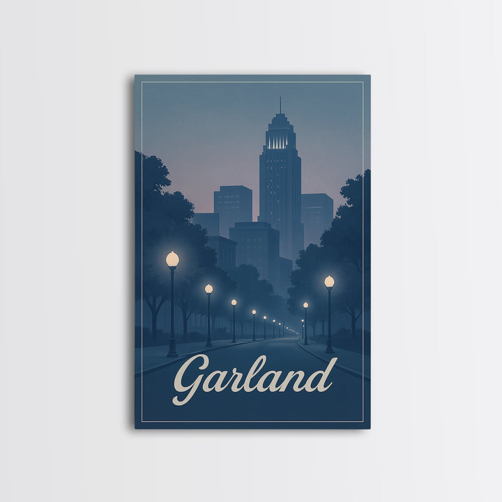 Garland Travel Poster, Canvas Print, Retro Sunset Skyline Art, Garland Poster Print, Wanderlust Decor, Fine Art Print, Modern Wall Decor
