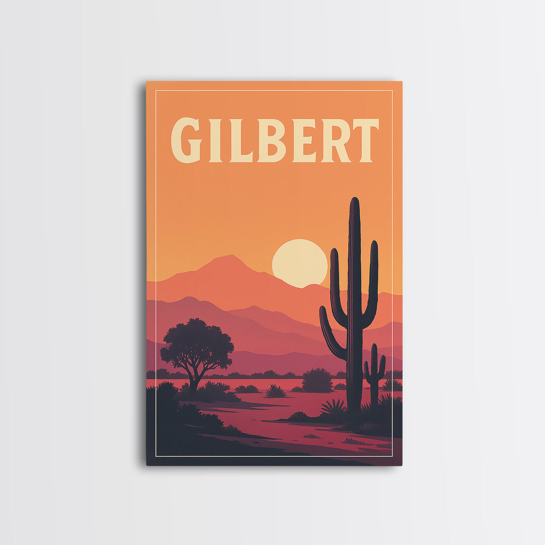 Gilbert Travel Poster, Canvas Print, Retro Sunset Skyline Art, Gilbert Wall Art, Travel Wall Decor, Wanderlust Decor, Fine Art Print