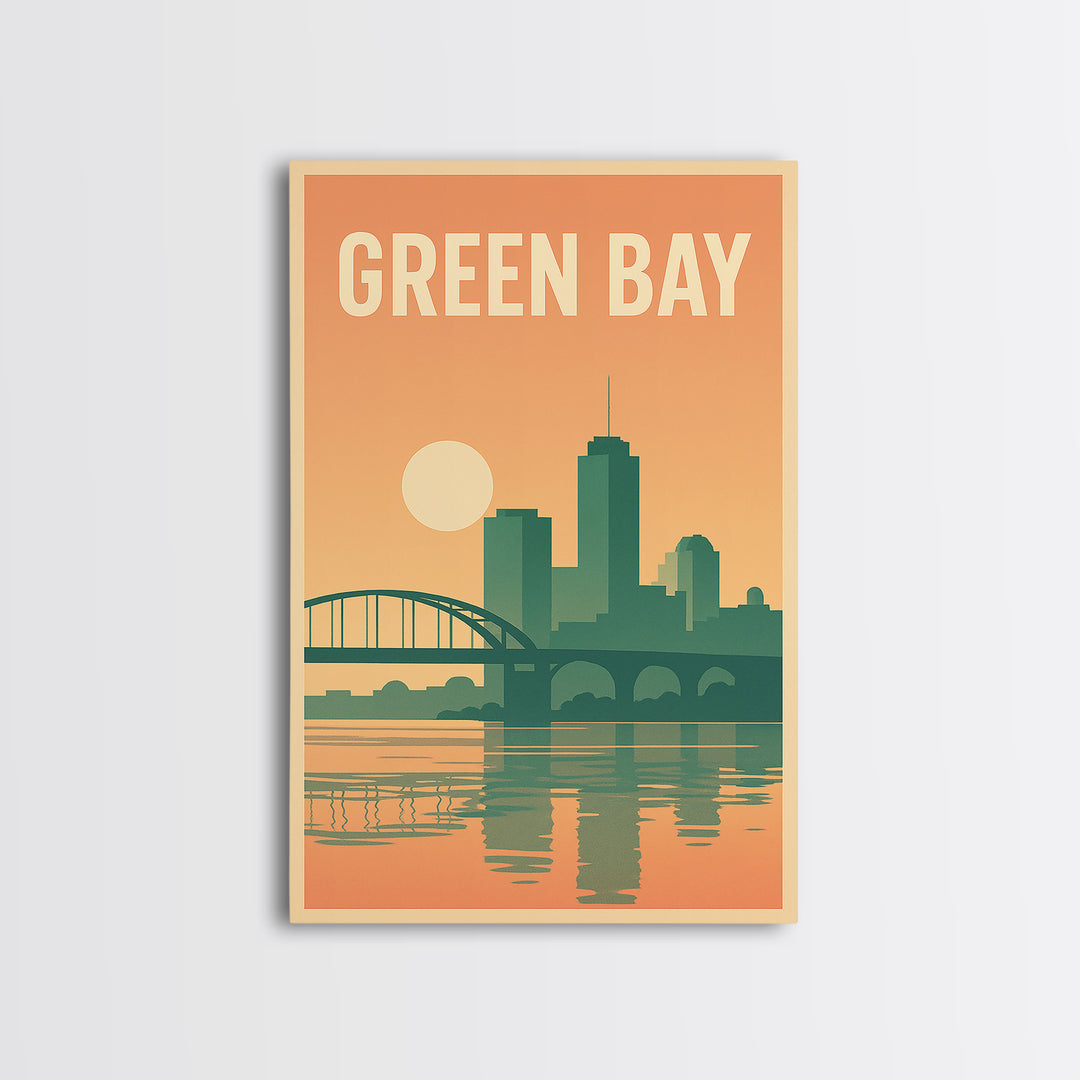 Green Bay Travel Poster, Canvas Print, Retro Sunset Skyline Art, Green Bay Wall Art, Gift For Travelers, Home Office Decor, Home Decor