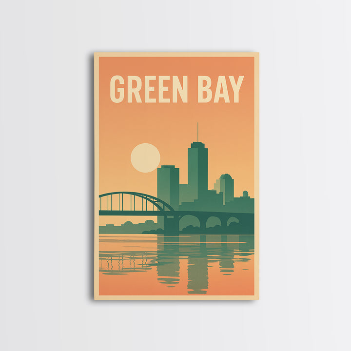 Green Bay Travel Poster, Canvas Print, Retro Sunset Skyline Art, Green Bay Wall Art, Gift For Travelers, Home Office Decor, Home Decor