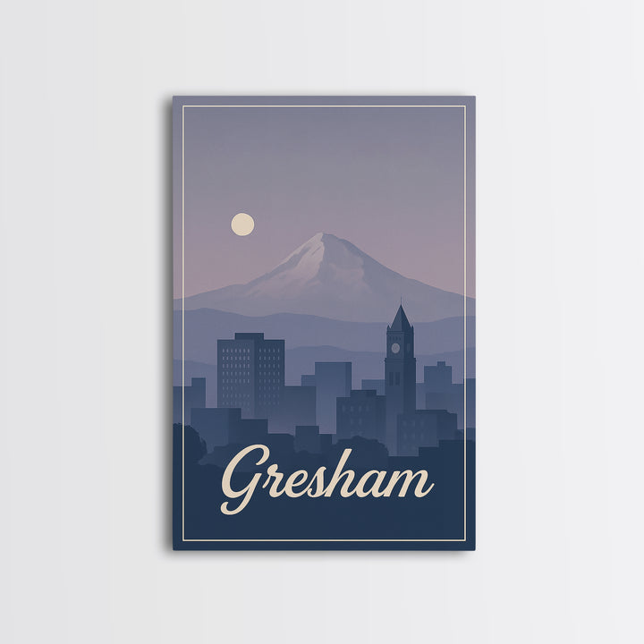 Gresham Travel Poster, Framed Canvas Print, Retro Sunset Skyline Art, Gresham Art Print, Travel Wall Art, Eclectic Wall Decor, Design 2
