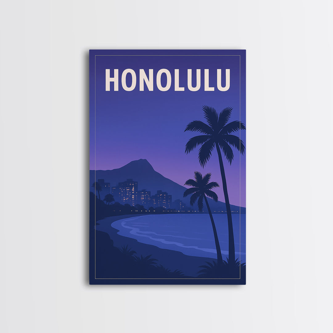 Honolulu Hawaii Travel Poster, Canvas Print, Retro Sunset Skyline Art, Honolulu Wall Art, Mid Century Wall Art, Living Room Wall Art