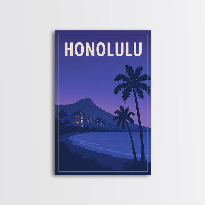 Honolulu Hawaii Travel Poster, Canvas Print, Retro Sunset Skyline Art, Honolulu Wall Art, Mid Century Wall Art, Living Room Wall Art