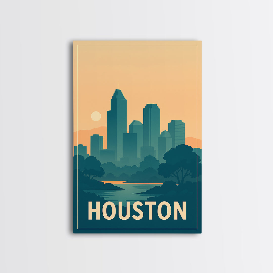 Houston Travel Poster, Framed Canvas Print, Retro Sunset Skyline Art, Houston Travel Art, Modern Wall Decor, Living Room Wall Art