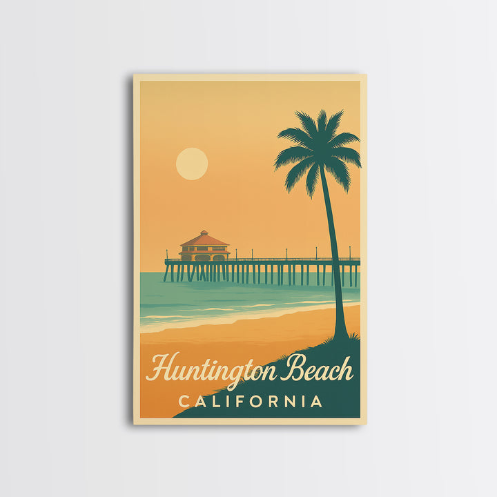 Huntington Beach California Travel Poster, Canvas Print, Retro Sunset Skyline Art, Huntington Beach City Art, Art Print, City Travel Prints