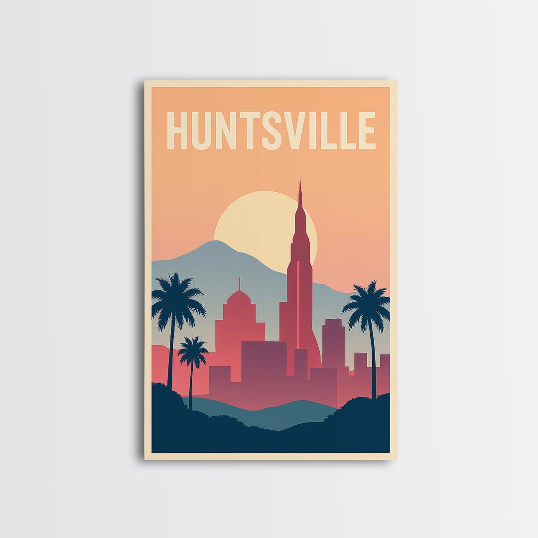 Huntsville Travel Poster, Canvas Print, Retro Sunset Skyline Art, Huntsville Poster Print, City Illustration, Travel Poster Art