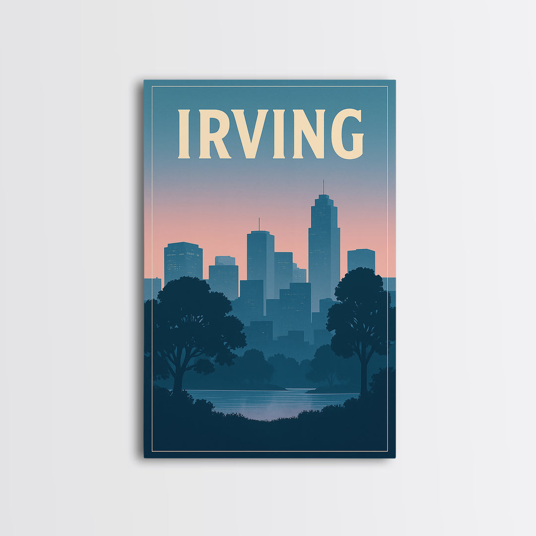 Irving Texas Travel Poster, Canvas Print, Retro Sunset Skyline Art, Irving Poster Print, Wall Decor, Mid Century Wall Art, Art Print