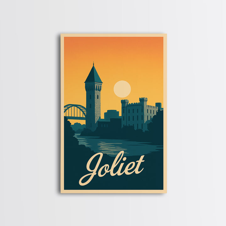 Joliet Illinois Travel Poster, Canvas Print, Retro Sunset Skyline Art, Joliet Wall Art, Watercolor Skyline Art, Travel Wall Decor, Wall Art