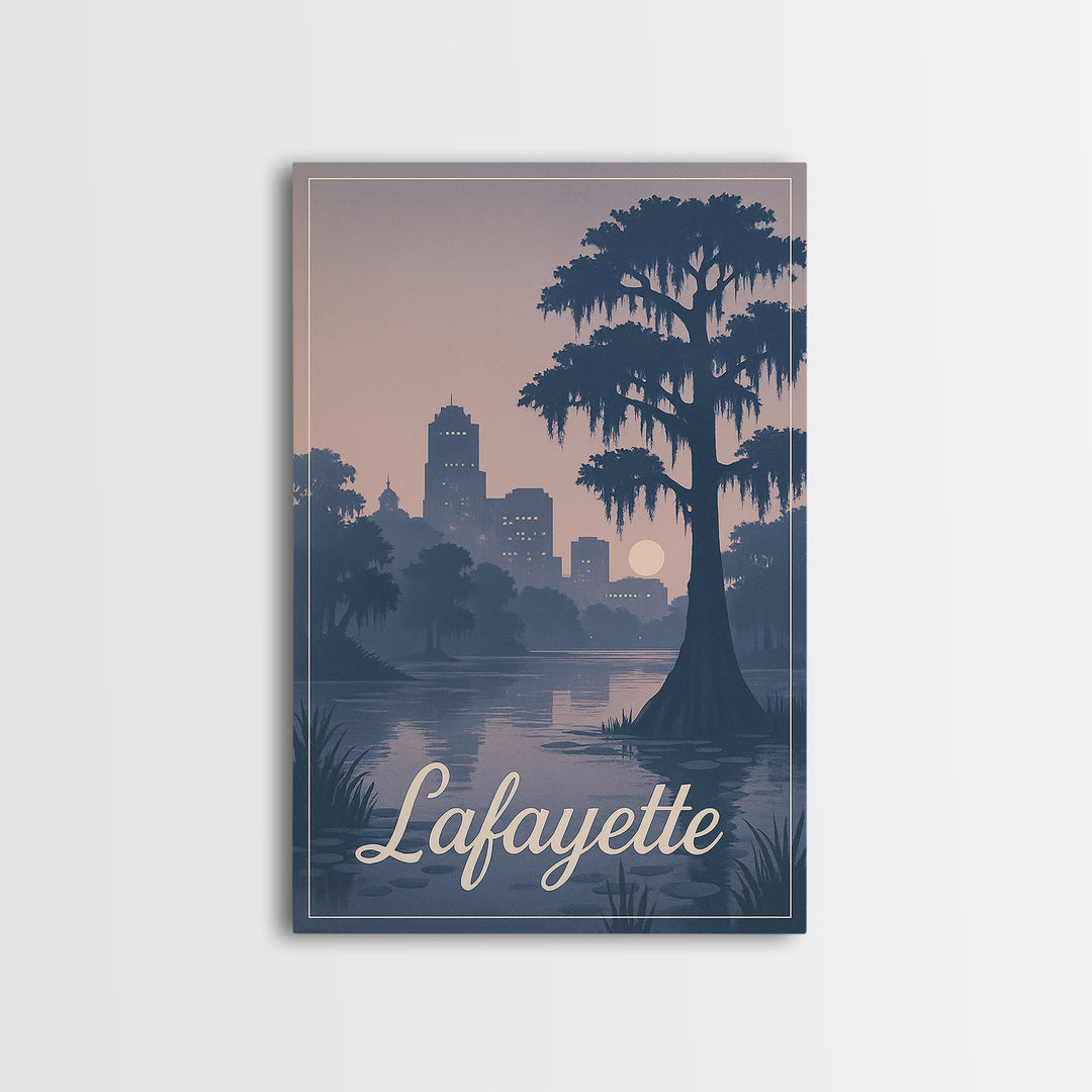 Lafayette Travel Poster, Framed Canvas Print, Retro Sunset Skyline Art, Lafayette Travel Art, Travel Poster Set, Vintage City Poster