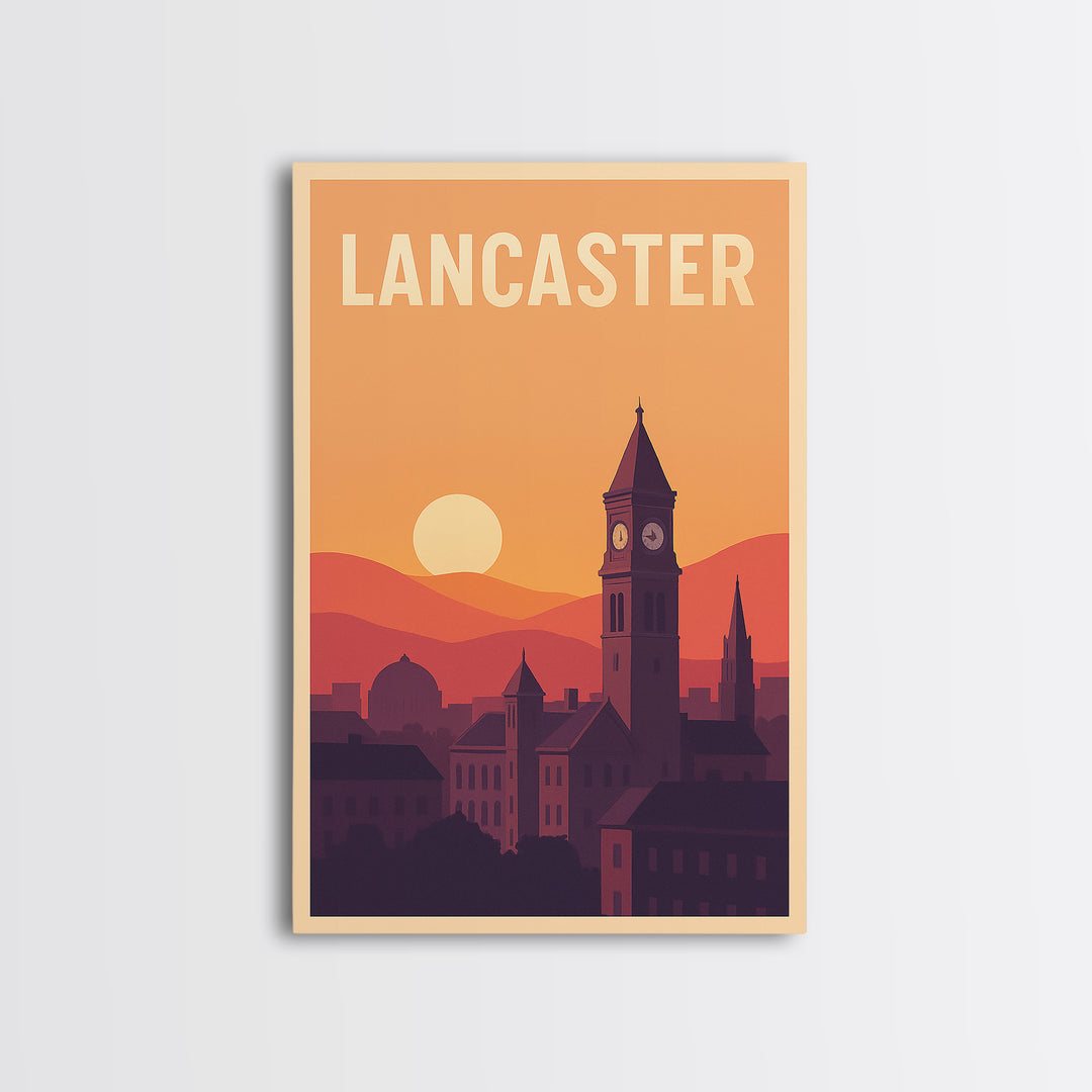 Lancaster Travel Poster, Framed Canvas Print, Vintage Travel Poster Art, Lancaster Poster Print, Mid Century Wall Art, City Illustration