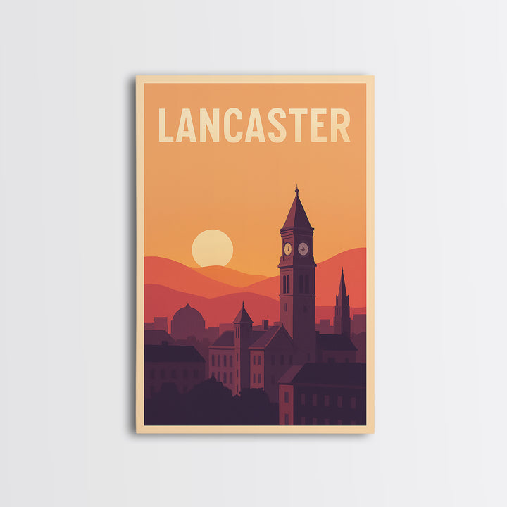 Lancaster Travel Poster, Framed Canvas Print, Vintage Travel Poster Art, Lancaster Poster Print, Mid Century Wall Art, City Illustration