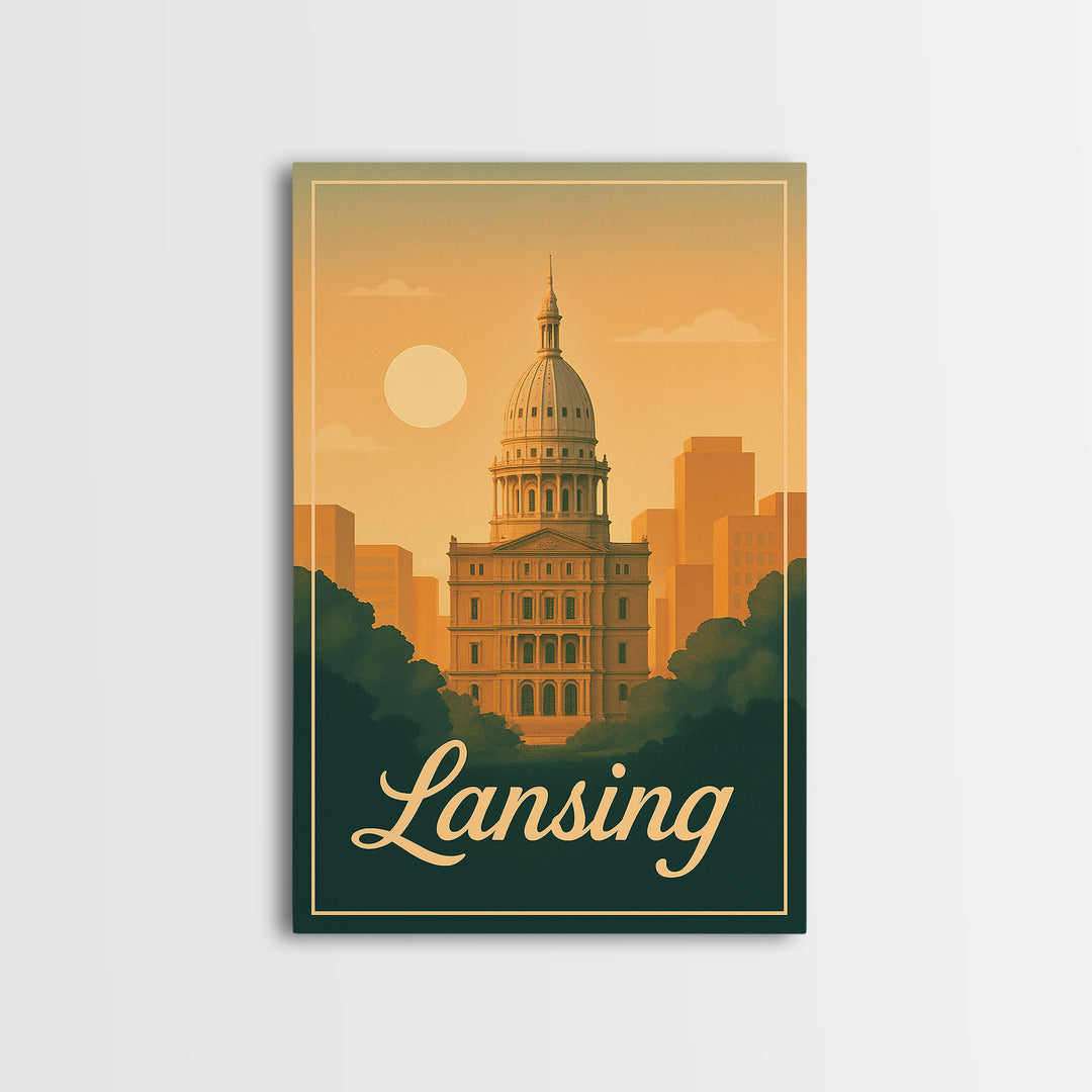 Lansing Michigan Travel Poster, Canvas Print, Classic Poster Art, Lansing City Art, City Illustration, Office Decor, Mid Century Wall Art