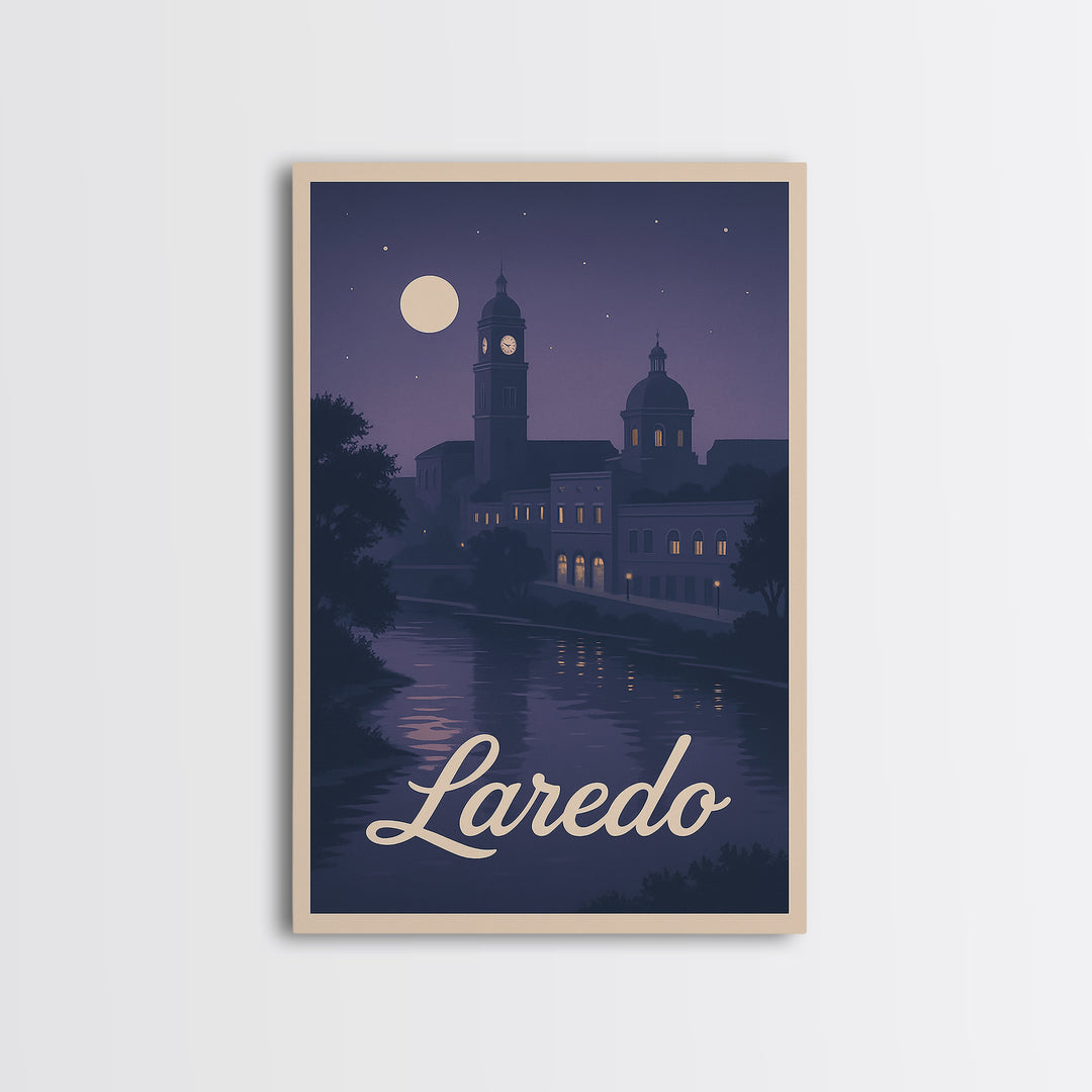 Laredo Travel Poster, Framed Canvas Print, Classic Travel Poster Art, Laredo Wall Art, Travel Wall Decor, Watercolor City Skyline