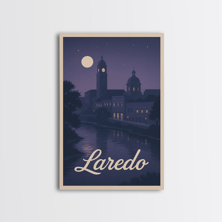 Laredo Travel Poster, Framed Canvas Print, Classic Travel Poster Art, Laredo Wall Art, Travel Wall Decor, Watercolor City Skyline