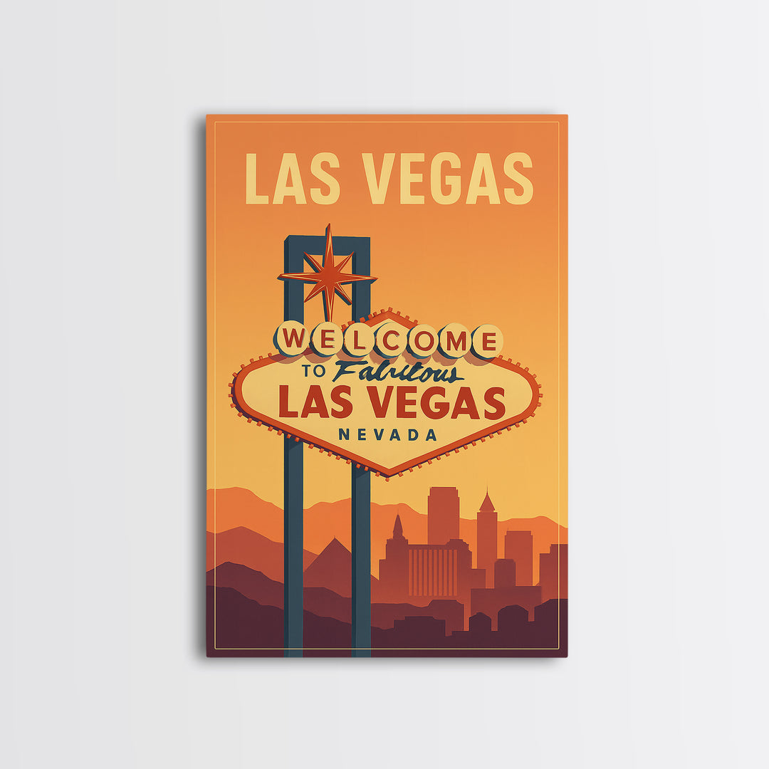 Las Vegas Nevada Travel Poster, Canvas Print, Retro Sunset Skyline Art, Las Vegas Travel Art, Travel Art Print, Mid Century Wall Art