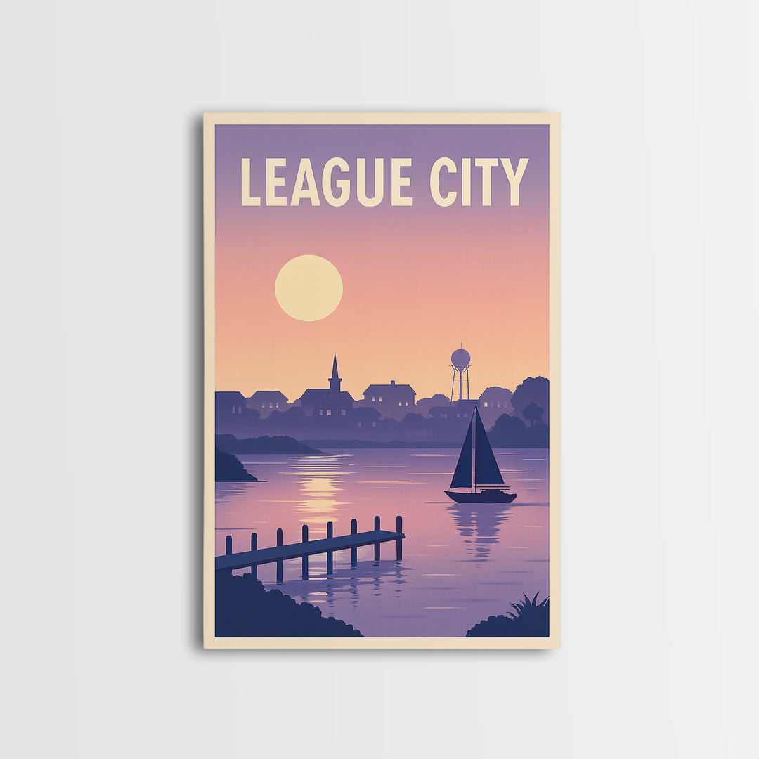 League City Texas Travel Poster, Framed Canvas Print, Retro Sunset Skyline Art, League City Travel Art, Travel Wall Decor, Travel Wall Art