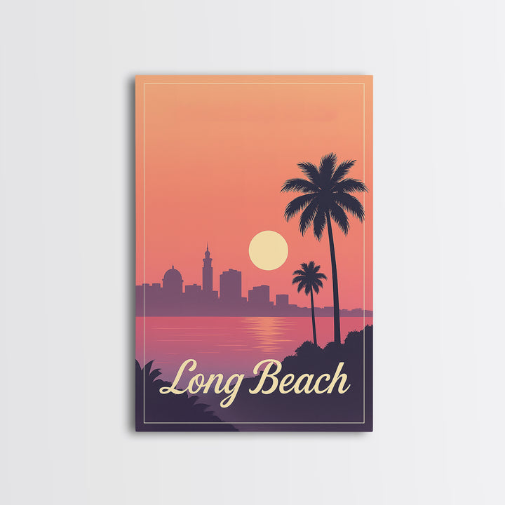 Long Beach California Travel Poster, Canvas Print, Retro Sunset Skyline Art, Long Beach Art Print, Vintage Travel Art, City Travel Prints