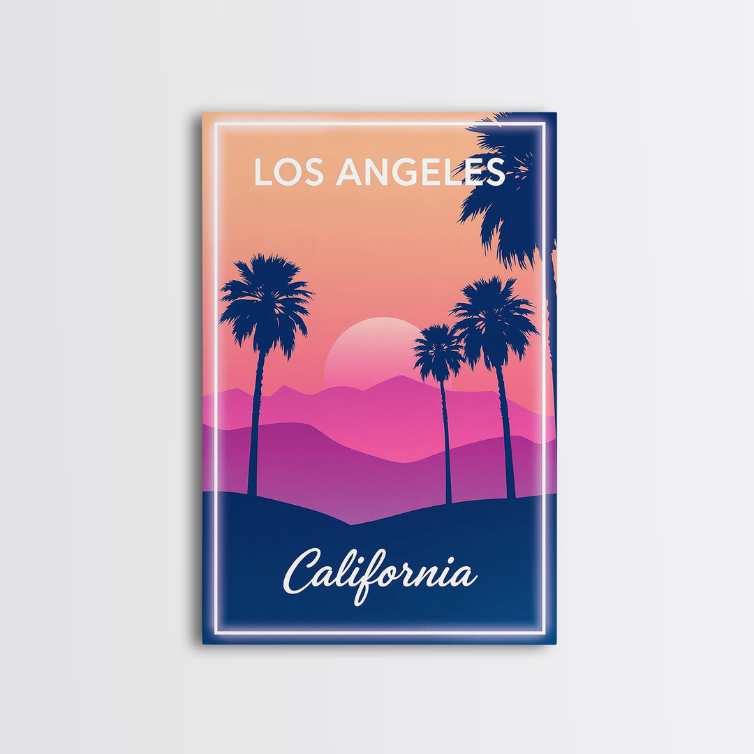 Los Angeles Travel Poster, Framed Canvas Print, Retro Sunset Skyline Art, Los Angeles Travel Art, Retro Travel Print, City Travel Prints