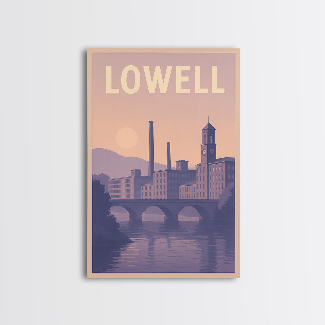 Lowell Massachusetts Travel Poster, Canvas Print, Retro Sunset Skyline Art, Lowell Travel Art, Poster Art, Fine Art Print, Travel Wall Art