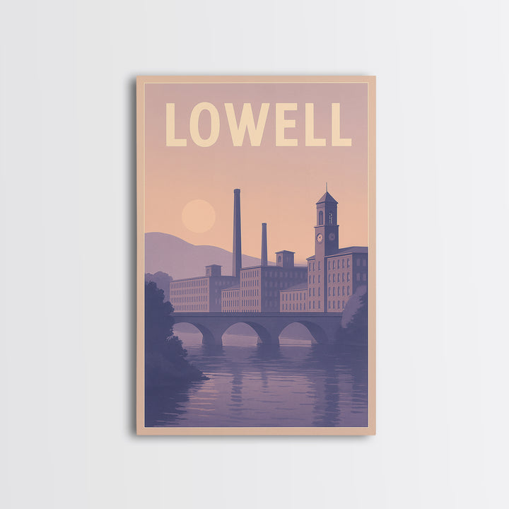 Lowell Massachusetts Travel Poster, Canvas Print, Retro Sunset Skyline Art, Lowell Travel Art, Poster Art, Fine Art Print, Travel Wall Art