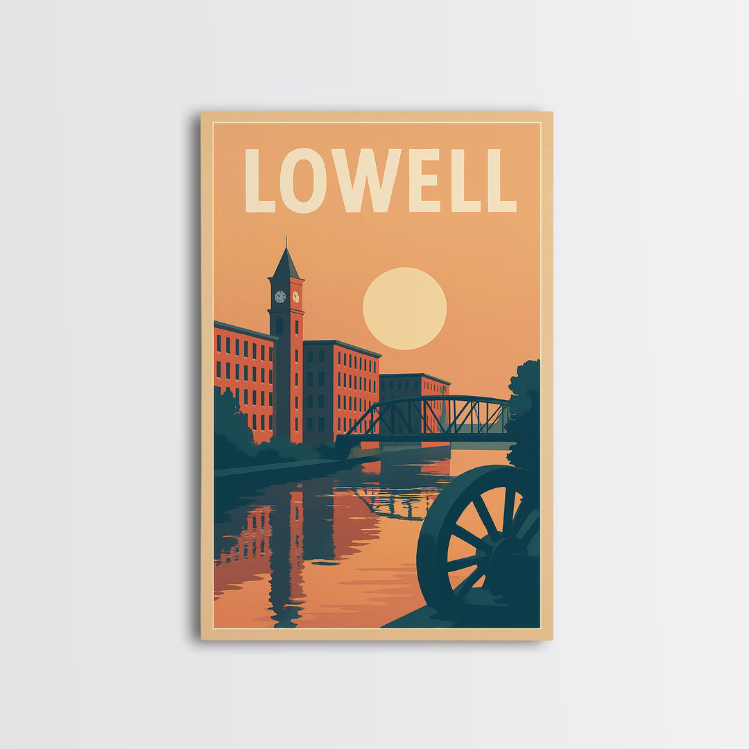 Lowell Travel Poster, Canvas Print, Retro Sunset Skyline Art, Lowell Art Print, Gift For Travelers, Mid Century Wall Art, Travel Art Print