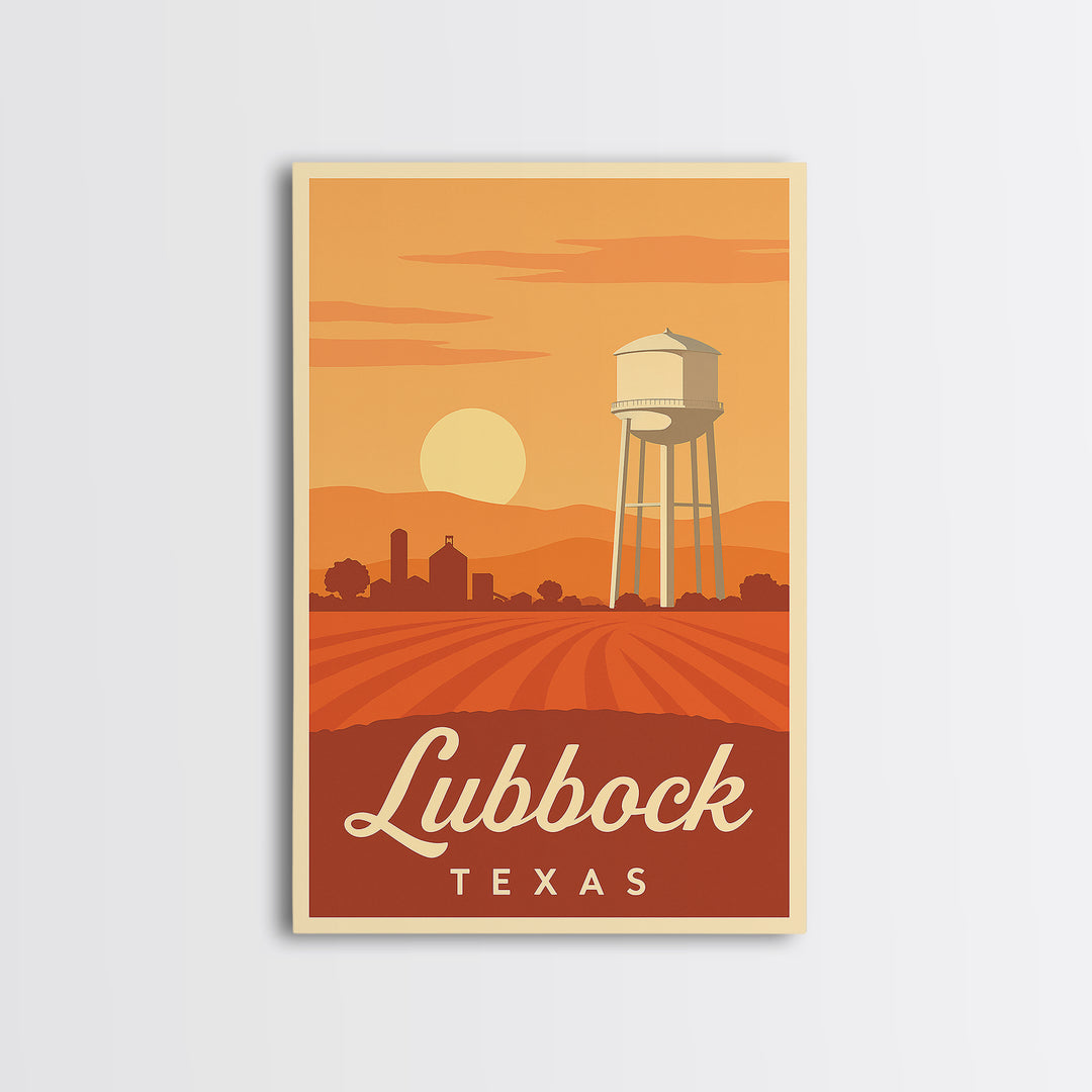 Lubbock Texas Travel Poster, Framed Canvas Print, Retro Sunset Skyline Art, Lubbock Poster Print, Wanderlust Decor, Travel Poster Set