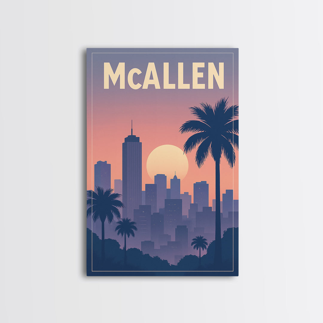 Mcallen Texas Travel Poster, Framed Canvas Print, Retro Sunset Skyline Art, Mcallen Wall Art, Eclectic Wall Decor, City Travel Prints