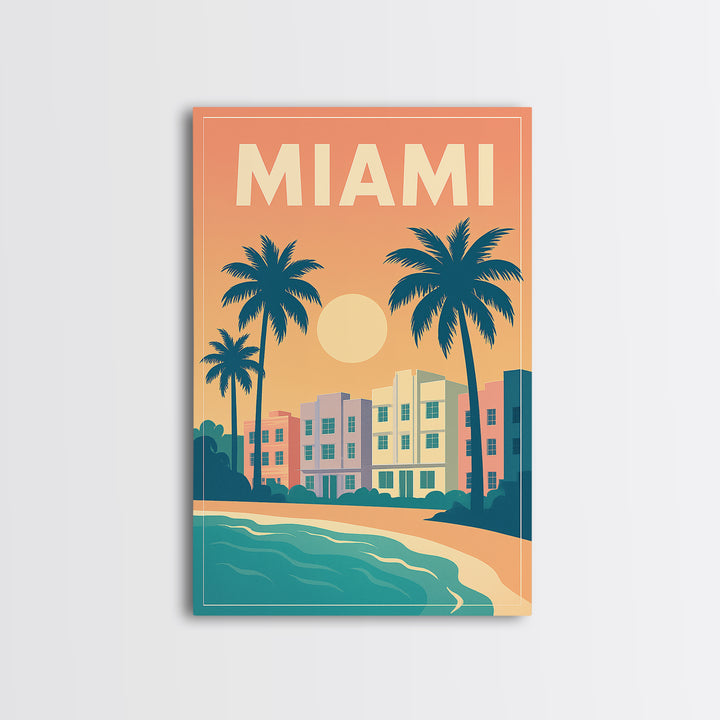 Miami Travel Poster, Framed Canvas Print, Vintage Travel Poster Art, Miami Poster Print, City Art Print, Living Room Wall Art, Design 2