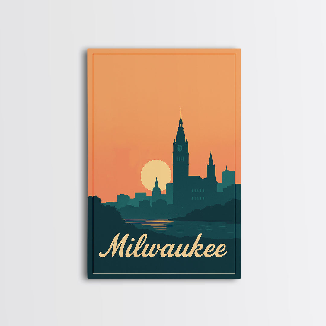 Milwaukee Wisconsin Travel Poster, Framed Canvas Print, Retro Sunset Skyline Art, Milwaukee Wall Art, Modern Wall Decor, City Travel Prints