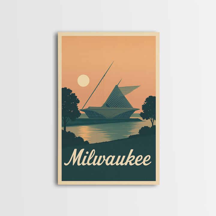 Milwaukee Travel Poster, Framed Canvas Print, Classic Travel Poster Art, Milwaukee Art Print, Watercolor Skyline, Retro Travel Print