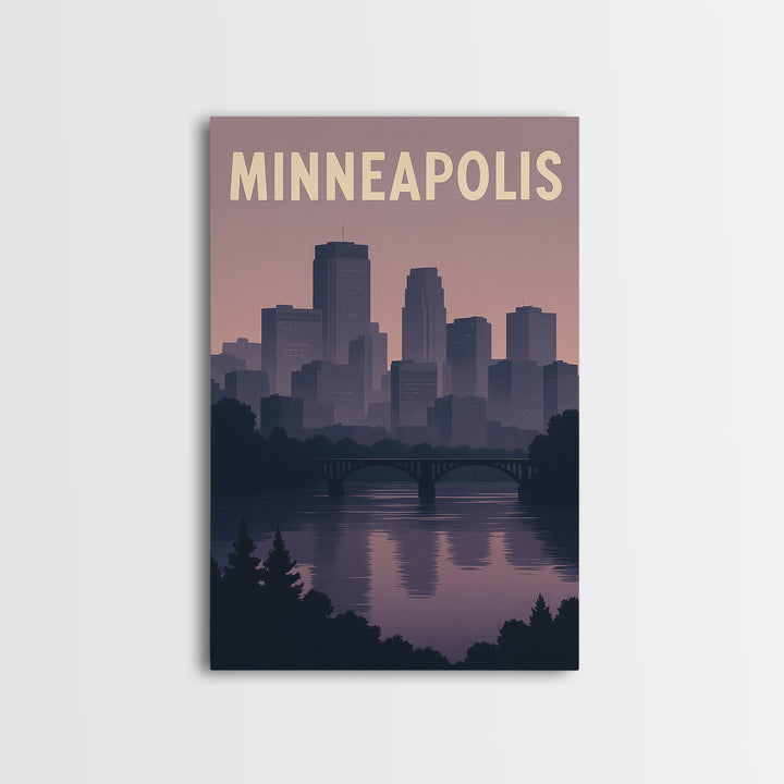 Minneapolis Travel Poster, Framed Canvas Print, Retro Sunset Skyline Art, Minneapolis Travel Art, Vintage Travel Print, City Art Print