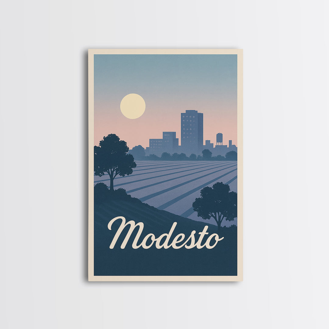 Modesto Travel Poster, Canvas Print, Mid Century City Wall Art, Modesto City Art, Modern Wall Decor, City Illustration, City Art Print