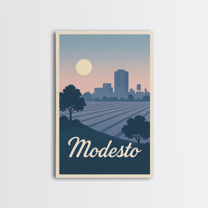 Modesto Travel Poster, Canvas Print, Mid Century City Wall Art, Modesto City Art, Modern Wall Decor, City Illustration, City Art Print