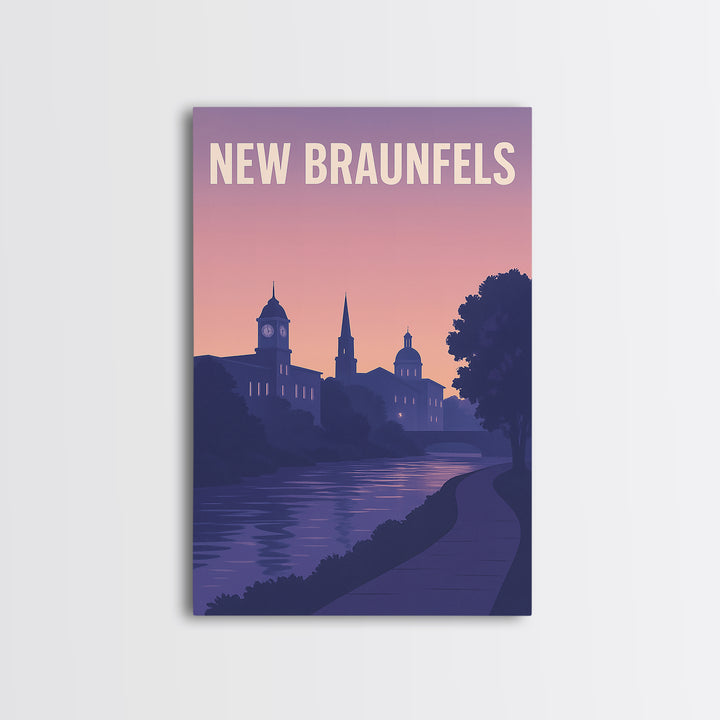 New Braunfels Travel Poster, Framed Canvas Print, Retro Sunset Skyline Art, New Braunfels City Art, Vintage Travel Print, Vintage Travel Art