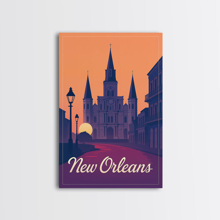New Orleans Louisiana Travel Poster, Framed Canvas Print, Retro Sunset Skyline Art, New Orleans City Art, Travel Wall Art, Travel Art Print