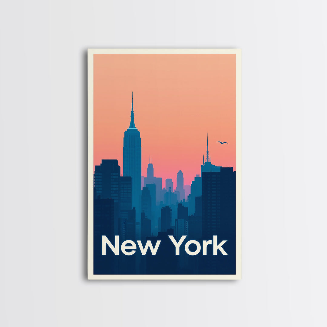 New York Travel Poster, Framed Canvas Print, Retro Sunset Skyline Art, New York Travel Art, Living Room Wall Art, Eclectic Wall Decor