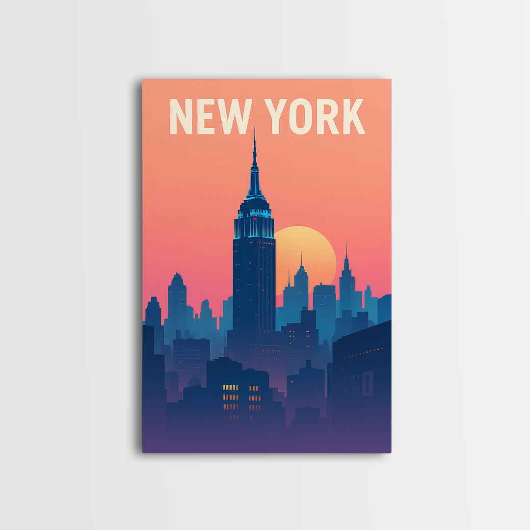 New York Travel Poster, Framed Canvas Print, Classic Travel Poster Art, New York Poster Print, Watercolor Skyline, Travel Art Print