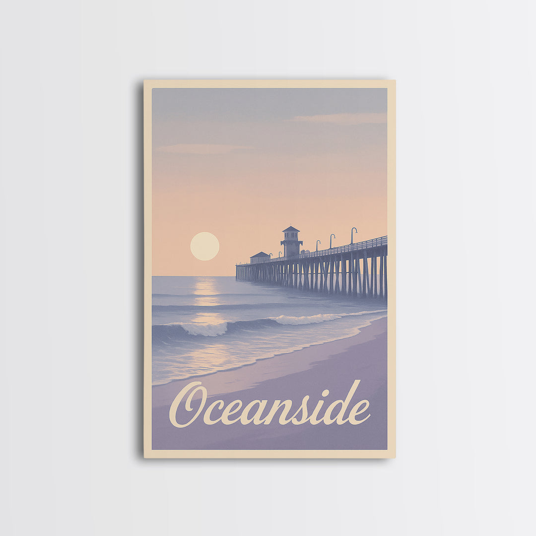 Oceanside Travel Poster, Canvas Print, Retro Sunset Skyline Art, Oceanside Wall Art, Retro Travel Print, Watercolor Skyline, Design 2